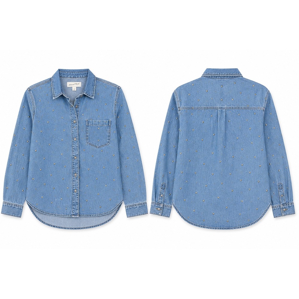 Oversized Size Small Studded Denim
Shirt Gold Heart Snap Button Chic Streetwear - Picture 5 of 5
